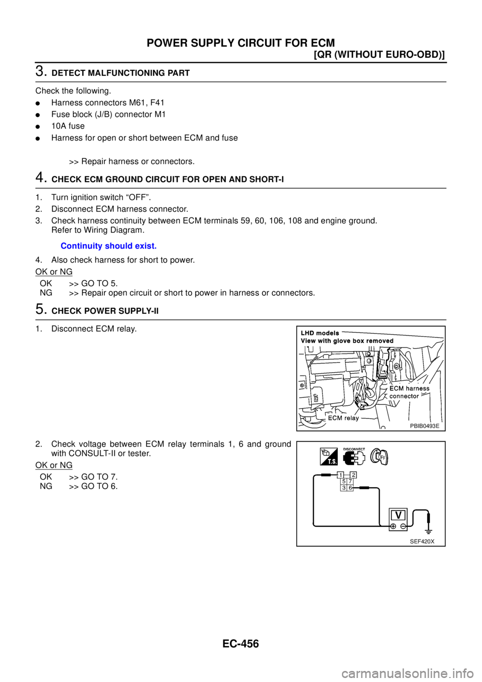 NISSAN X-TRAIL 2003  Electronic Repair Manual EC-456
[QR (WITHOUT EURO-OBD)]
POWER SUPPLY CIRCUIT FOR ECM
3.DETECT MALFUNCTIONING PART
Check the following.
lHarness connectors M61, F41
lFuse block (J/B) connector M1
l10A fuse
lHarness for open or