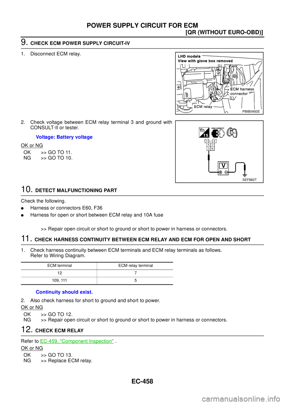 NISSAN X-TRAIL 2003  Electronic Repair Manual EC-458
[QR (WITHOUT EURO-OBD)]
POWER SUPPLY CIRCUIT FOR ECM
9.CHECK ECM POWER SUPPLY CIRCUIT-IV
1. Disconnect ECM relay.
2. Check voltage between ECM relay terminal 3 and ground with
CONSULT-II or tes