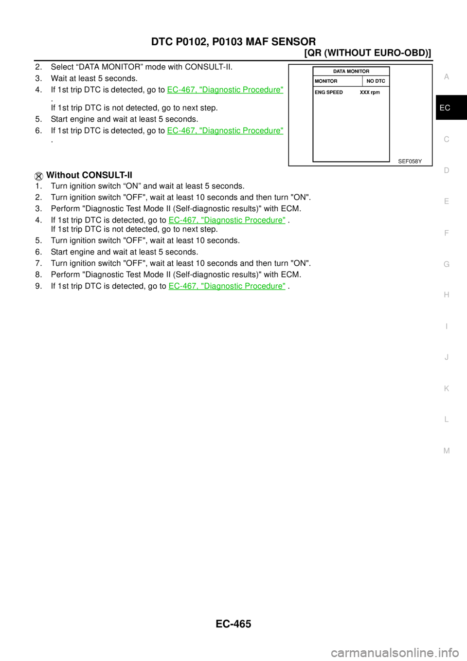 NISSAN X-TRAIL 2003  Electronic Repair Manual DTC P0102, P0103 MAF SENSOR
EC-465
[QR (WITHOUT EURO-OBD)]
C
D
E
F
G
H
I
J
K
L
MA
EC
2. Select “DATA MONITOR” mode with CONSULT-II.
3. Wait at least 5 seconds.
4. If 1st trip DTC is detected, go t