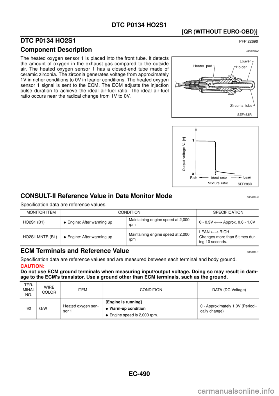 NISSAN X-TRAIL 2003  Electronic Repair Manual EC-490
[QR (WITHOUT EURO-OBD)]
DTC P0134 HO2S1
DTC P0134 HO2S1
PFP:22690
Component DescriptionEBS00BGZ
The heated oxygen sensor 1 is placed into the front tube. It detects
the amount of oxygen in the 