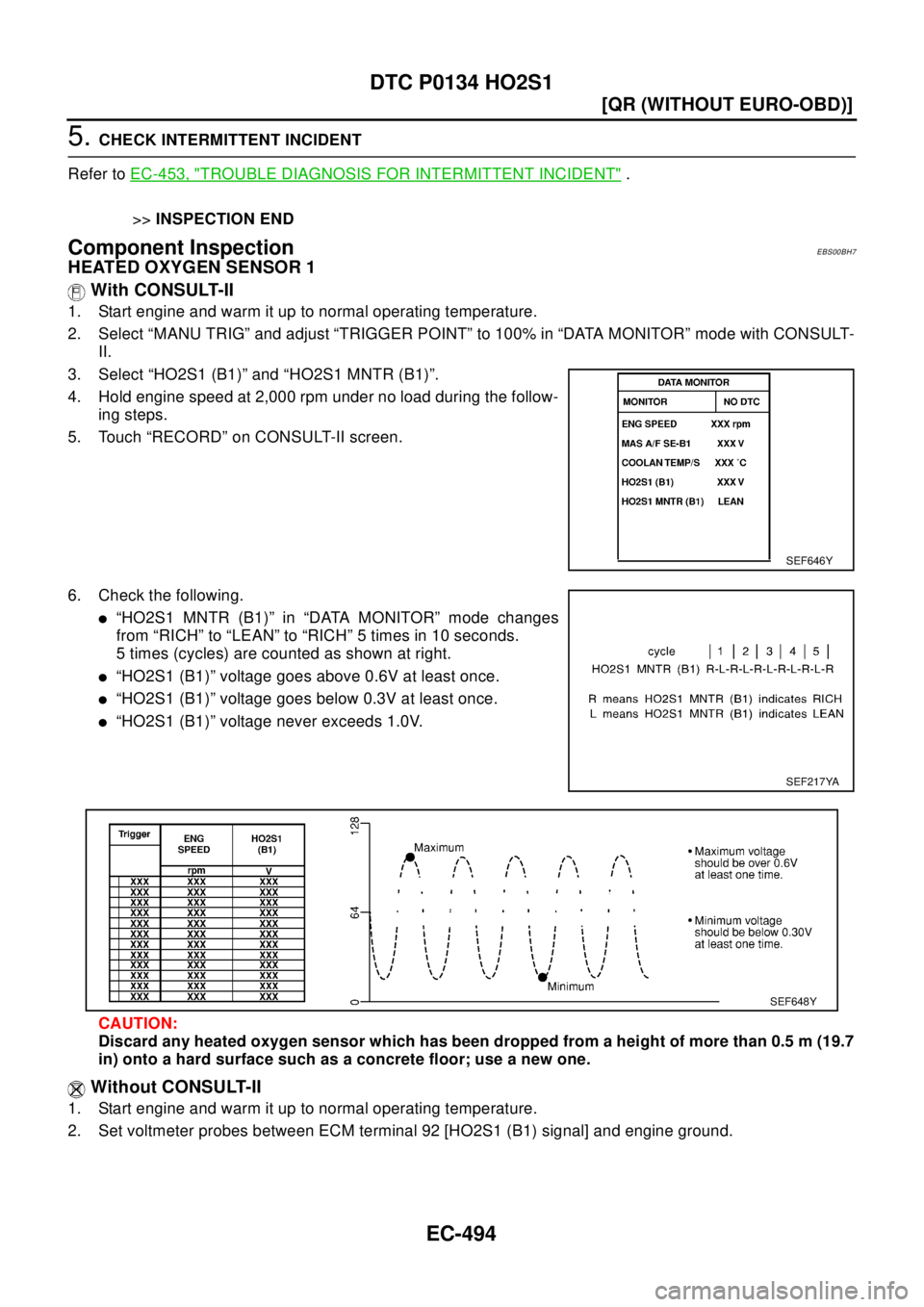 NISSAN X-TRAIL 2003  Electronic Repair Manual EC-494
[QR (WITHOUT EURO-OBD)]
DTC P0134 HO2S1
5.CHECK INTERMITTENT INCIDENT
Refer toEC-453, "
TROUBLE DIAGNOSIS FOR INTERMITTENT INCIDENT".
>>INSPECTION END
Component InspectionEBS00BH7
HEATED OXYGEN