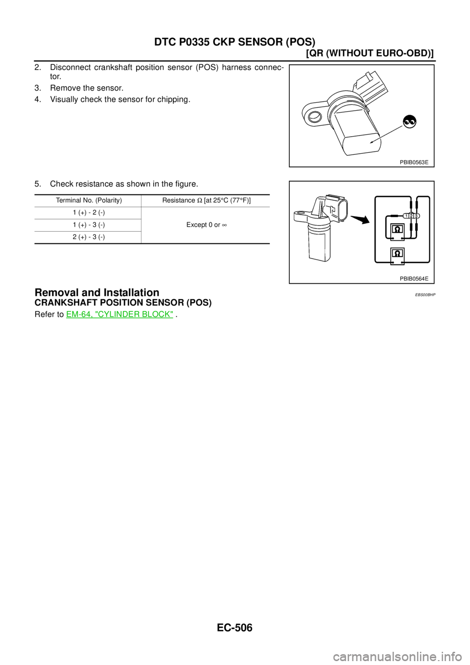 NISSAN X-TRAIL 2003  Electronic Repair Manual EC-506
[QR (WITHOUT EURO-OBD)]
DTC P0335 CKP SENSOR (POS)
2. Disconnect crankshaft position sensor (POS) harness connec-
tor.
3. Remove the sensor.
4. Visually check the sensor for chipping.
5. Check 