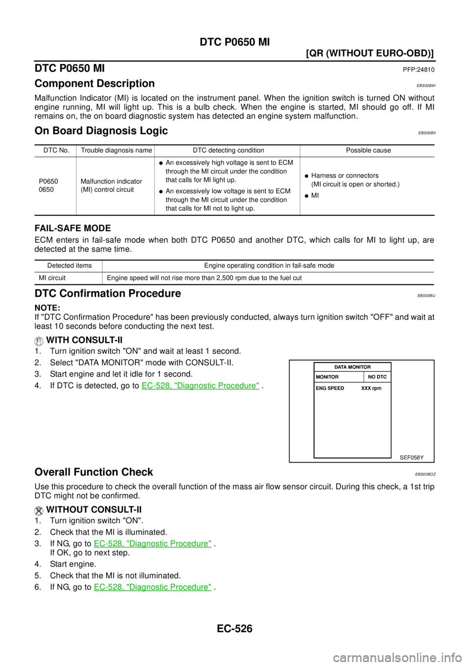 NISSAN X-TRAIL 2003  Electronic Repair Manual EC-526
[QR (WITHOUT EURO-OBD)]
DTC P0650 MI
DTC P0650 MI
PFP:24810
Component DescriptionEBS00BIH
Malfunction Indicator (MI) is located on the instrument panel. When the ignition switch is turned ON wi