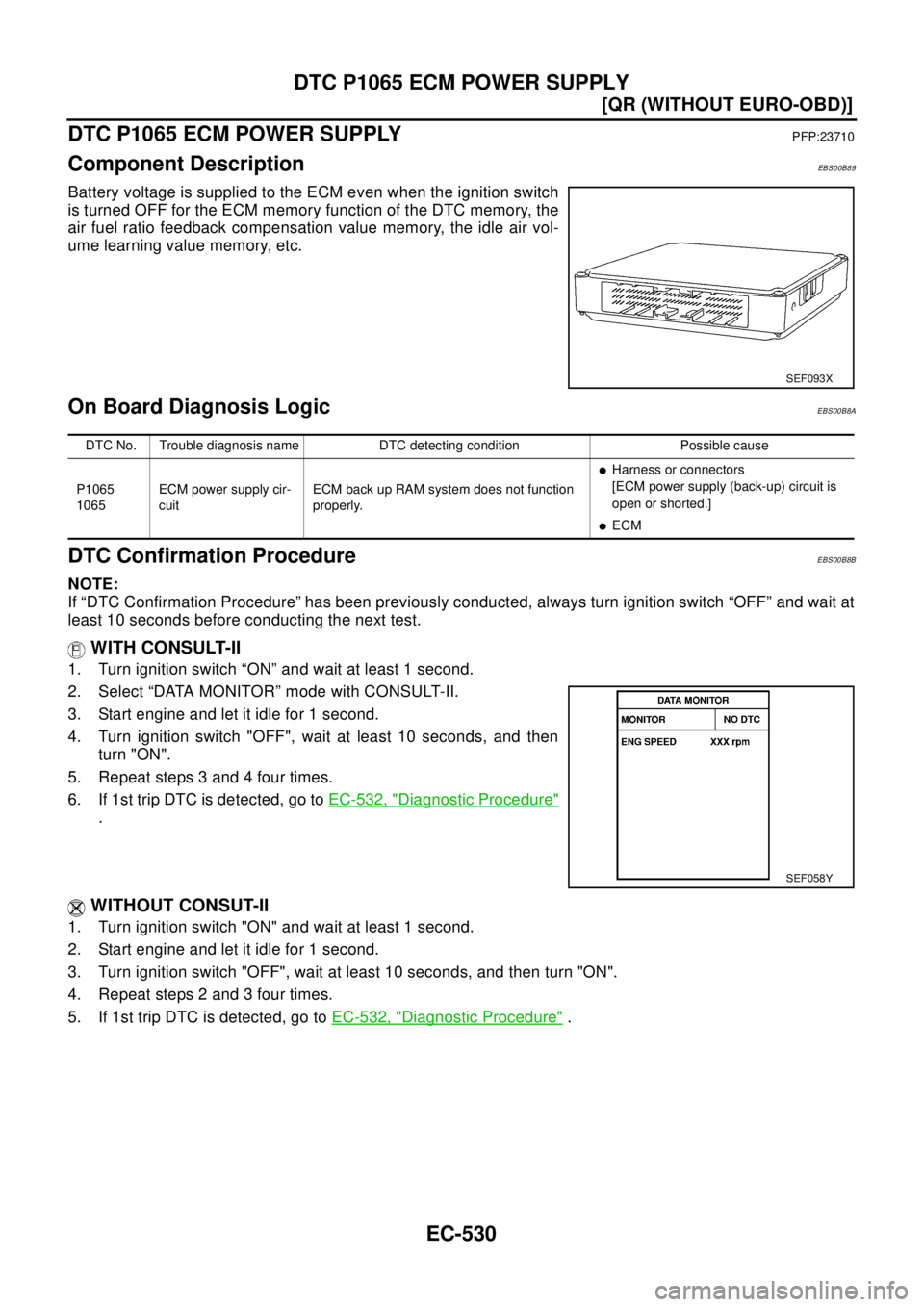 NISSAN X-TRAIL 2003  Electronic Repair Manual EC-530
[QR (WITHOUT EURO-OBD)]
DTC P1065 ECM POWER SUPPLY
DTC P1065 ECM POWER SUPPLY
PFP:23710
Component DescriptionEBS00B89
Battery voltage is supplied to the ECM even when the ignition switch
is tur