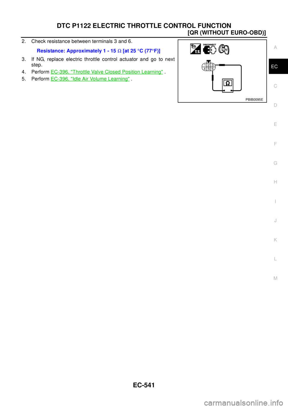 NISSAN X-TRAIL 2003  Electronic Repair Manual DTC P1122 ELECTRIC THROTTLE CONTROL FUNCTION
EC-541
[QR (WITHOUT EURO-OBD)]
C
D
E
F
G
H
I
J
K
L
MA
EC
2. Check resistance between terminals 3 and 6.
3. If NG, replace electric throttle control actuato