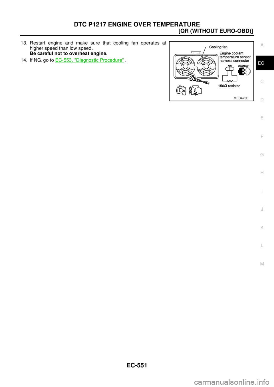 NISSAN X-TRAIL 2003  Electronic Repair Manual DTC P1217 ENGINE OVER TEMPERATURE
EC-551
[QR (WITHOUT EURO-OBD)]
C
D
E
F
G
H
I
J
K
L
MA
EC
13. Restart engine and make sure that cooling fan operates at
higher speed than low speed.
Be careful not to 