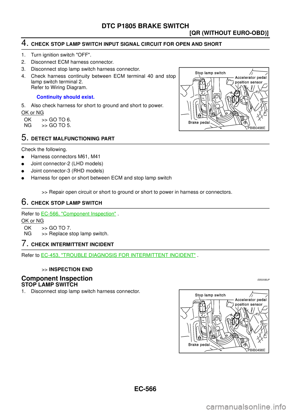 NISSAN X-TRAIL 2003  Electronic Repair Manual EC-566
[QR (WITHOUT EURO-OBD)]
DTC P1805 BRAKE SWITCH
4.CHECK STOP LAMP SWITCH INPUT SIGNAL CIRCUIT FOR OPEN AND SHORT
1. Turn ignition switch "OFF".
2. Disconnect ECM harness connector.
3. Disconnect