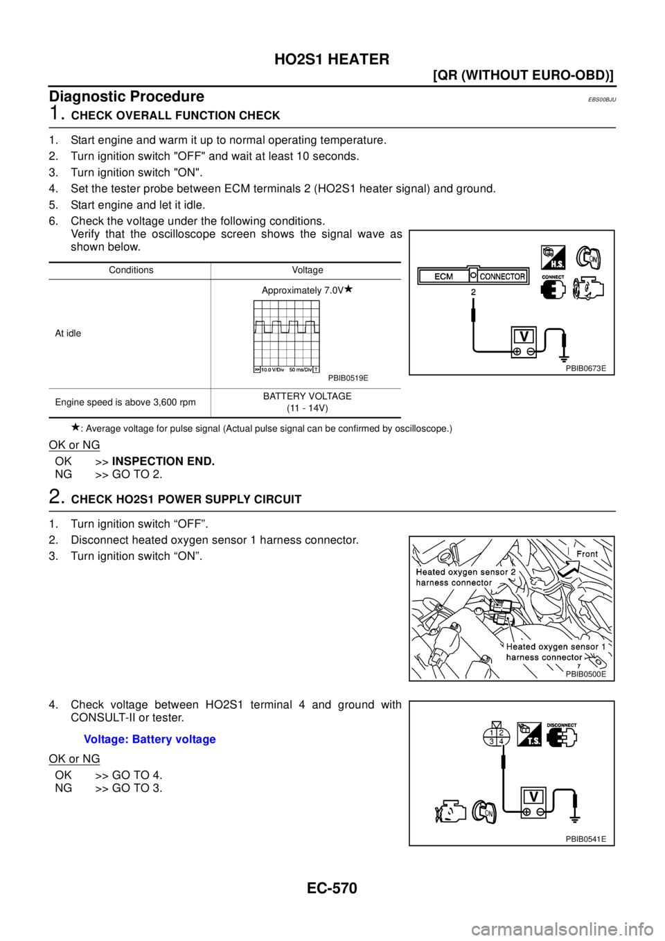 NISSAN X-TRAIL 2003  Electronic Repair Manual EC-570
[QR (WITHOUT EURO-OBD)]
HO2S1 HEATER
Diagnostic Procedure
EBS00BJU
1.CHECK OVERALL FUNCTION CHECK
1. Start engine and warm it up to normal operating temperature.
2. Turn ignition switch "OFF" a
