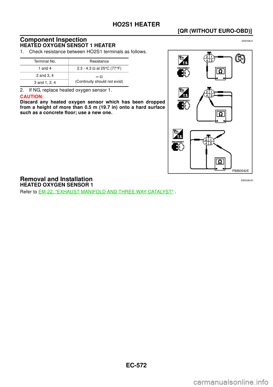 NISSAN X-TRAIL 2003  Electronic Repair Manual EC-572
[QR (WITHOUT EURO-OBD)]
HO2S1 HEATER
Component Inspection
EBS00BJV
HEATED OXYGEN SENSOT 1 HEATER
1. Check resistance between HO2S1 terminals as follows.
2. If NG, replace heated oxygen sensor 1
