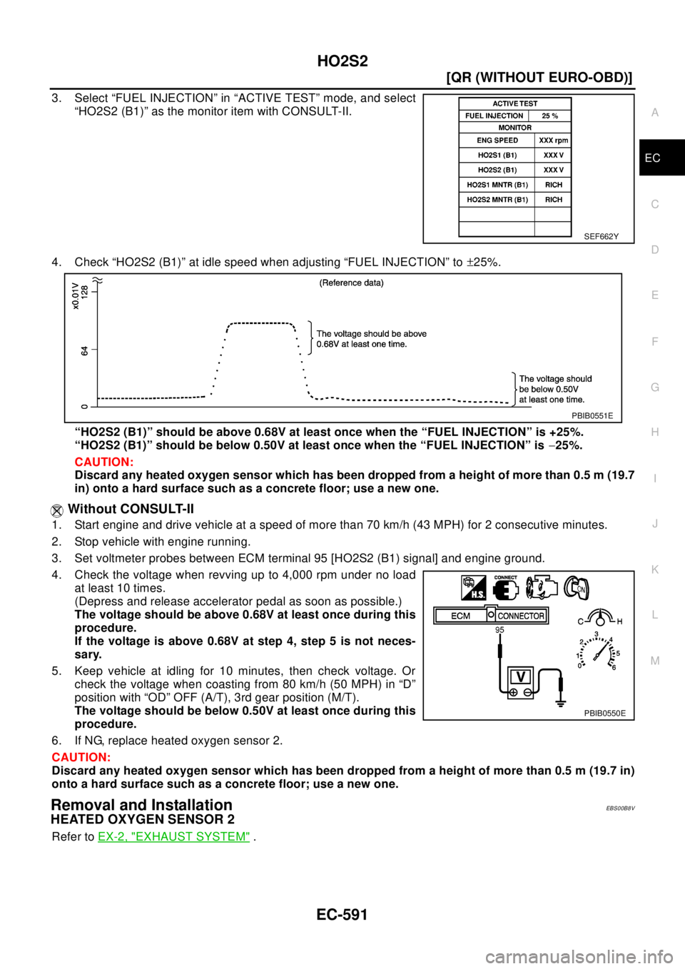 NISSAN X-TRAIL 2003  Electronic Repair Manual HO2S2
EC-591
[QR (WITHOUT EURO-OBD)]
C
D
E
F
G
H
I
J
K
L
MA
EC
3. Select “FUEL INJECTION” in “ACTIVE TEST” mode, and select
“HO2S2 (B1)” as the monitor item with CONSULT-II.
4. Check “HO
