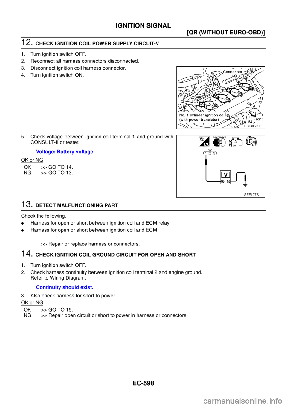 NISSAN X-TRAIL 2003  Electronic Repair Manual EC-598
[QR (WITHOUT EURO-OBD)]
IGNITION SIGNAL
12.CHECK IGNITION COIL POWER SUPPLY CIRCUIT-V
1. Turn ignition switch OFF.
2. Reconnect all harness connectors disconnected.
3. Disconnect ignition coil 