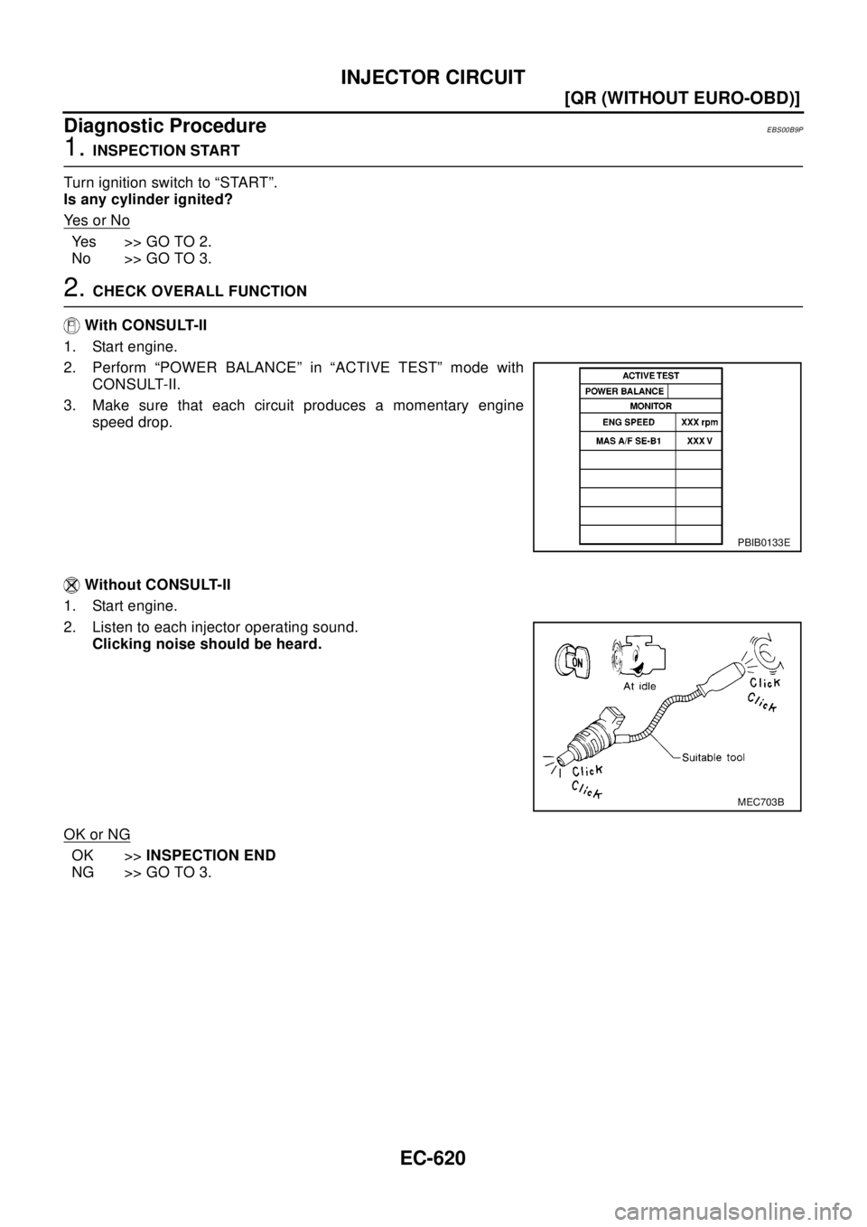NISSAN X-TRAIL 2003  Electronic Repair Manual EC-620
[QR (WITHOUT EURO-OBD)]
INJECTOR CIRCUIT
Diagnostic Procedure
EBS00B9P
1.INSPECTION START
Turn ignition switch to “START”.
Is any cylinder ignited?
Ye s o r N o
Yes >>GOTO2.
No >> GO TO 3.
