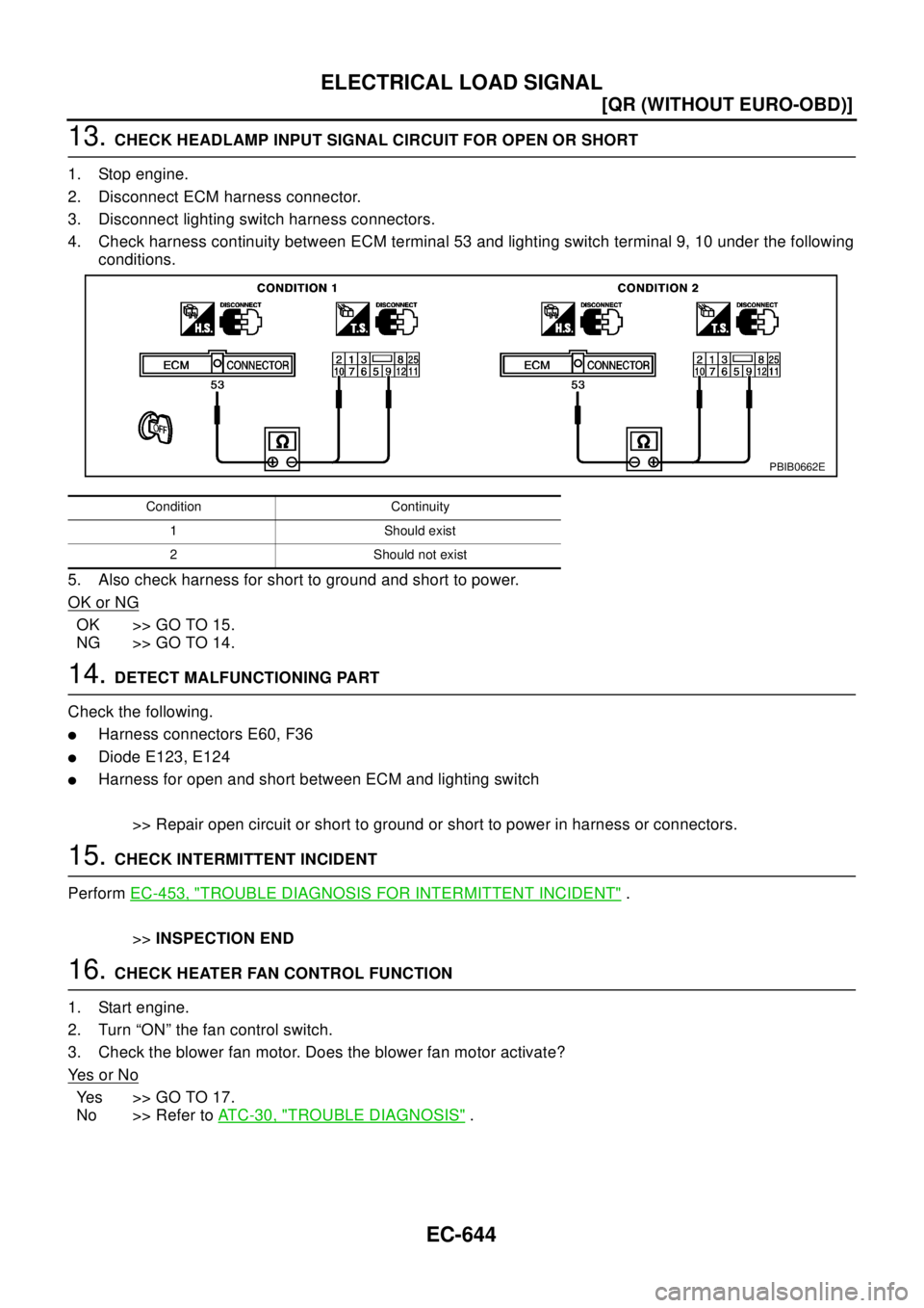 NISSAN X-TRAIL 2003  Electronic Repair Manual EC-644
[QR (WITHOUT EURO-OBD)]
ELECTRICAL LOAD SIGNAL
13.CHECK HEADLAMP INPUT SIGNAL CIRCUIT FOR OPEN OR SHORT
1. Stop engine.
2. Disconnect ECM harness connector.
3. Disconnect lighting switch harnes