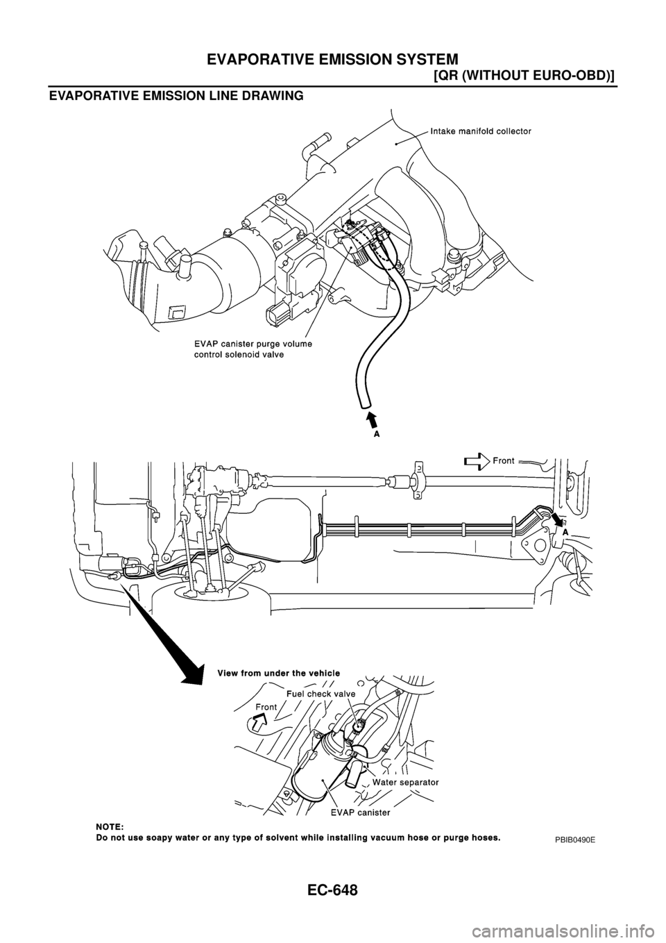 NISSAN X-TRAIL 2003  Electronic Repair Manual EC-648
[QR (WITHOUT EURO-OBD)]
EVAPORATIVE EMISSION SYSTEM
EVAPORATIVE EMISSION LINE DRAWING
PBIB0490E 
