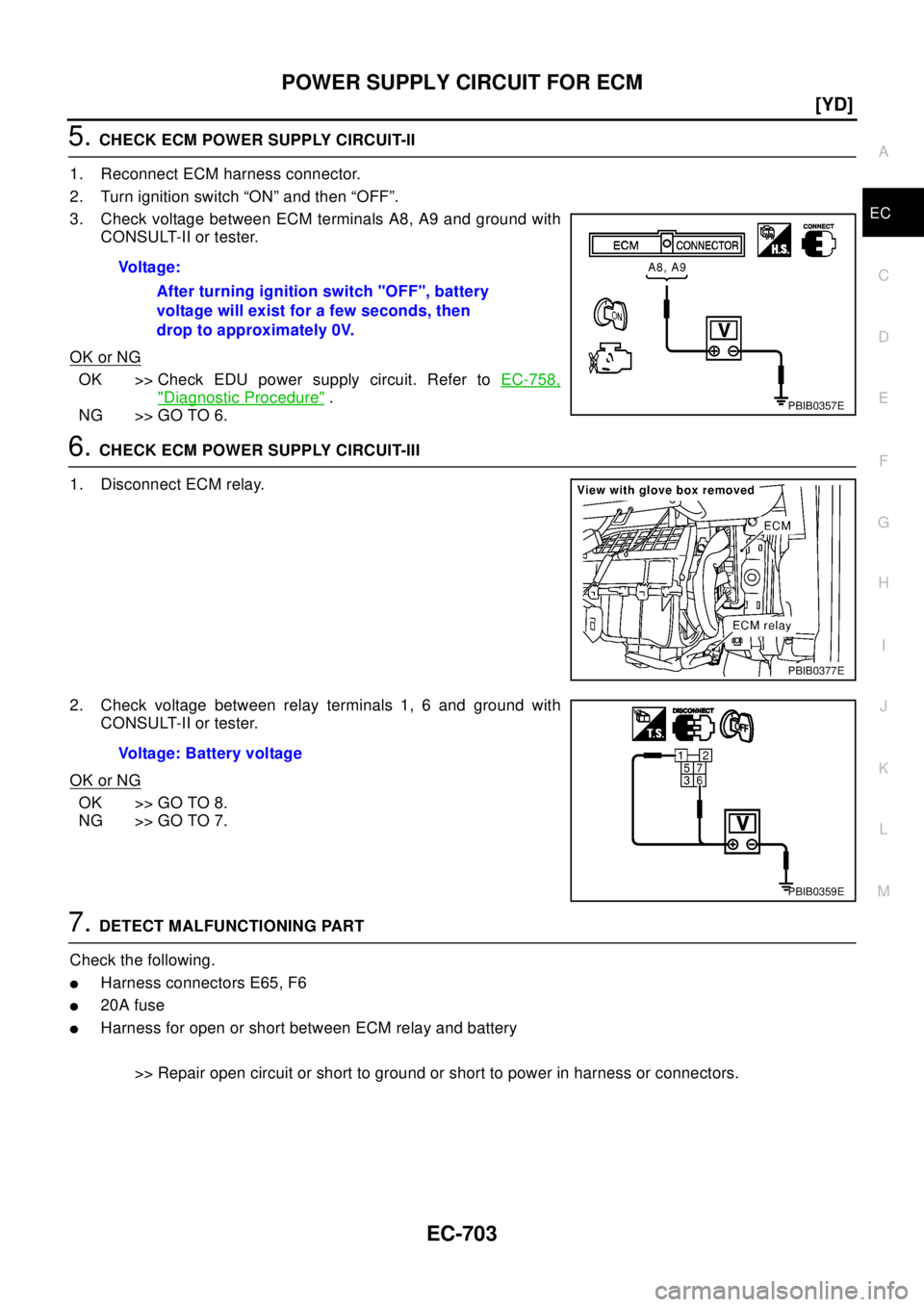 NISSAN X-TRAIL 2003  Electronic Repair Manual POWER SUPPLY CIRCUIT FOR ECM
EC-703
[YD]
C
D
E
F
G
H
I
J
K
L
MA
EC
5.CHECK ECM POWER SUPPLY CIRCUIT-II
1. Reconnect ECM harness connector.
2. Turn ignition switch “ON” and then “OFF”.
3. Check