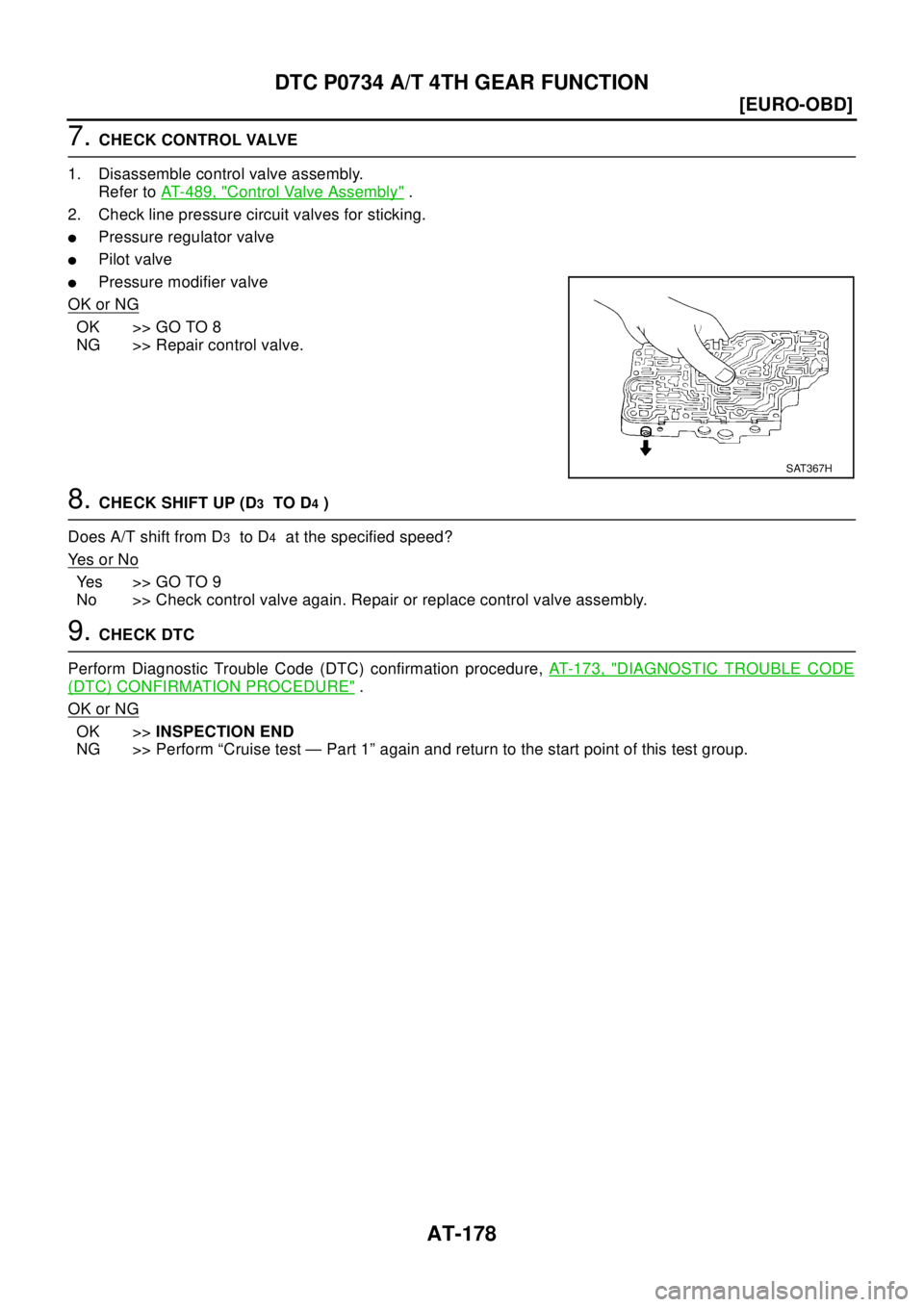 NISSAN X-TRAIL 2003  Electronic Repair Manual AT-178
[EURO-OBD]
DTC P0734 A/T 4TH GEAR FUNCTION
7.CHECK CONTROL VALVE
1. Disassemble control valve assembly.
Refer toAT-489, "
Control Valve Assembly".
2. Check line pressure circuit valves for stic