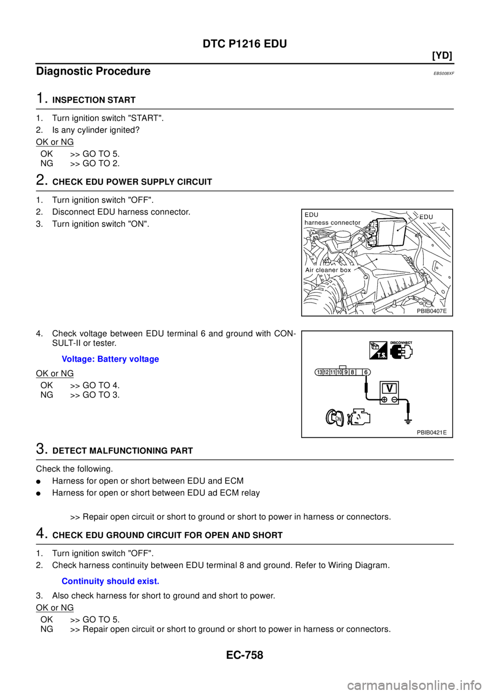 NISSAN X-TRAIL 2003  Electronic Repair Manual EC-758
[YD]
DTC P1216 EDU
Diagnostic Procedure
EBS008XF
1.INSPECTION START
1. Turn ignition switch "START".
2. Is any cylinder ignited?
OK or NG
OK >> GO TO 5.
NG >> GO TO 2.
2.CHECK EDU POWER SUPPLY 