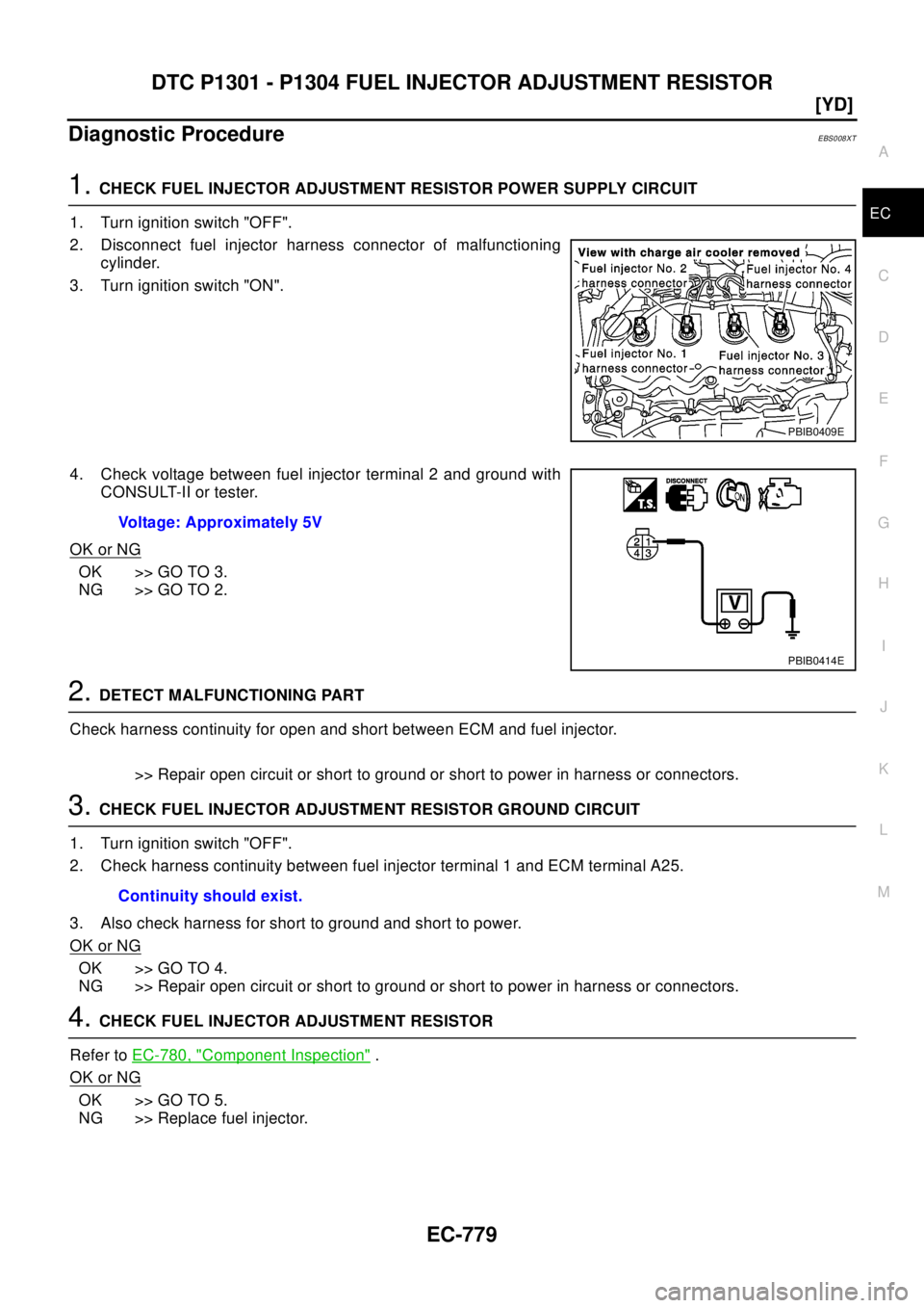 NISSAN X-TRAIL 2003  Electronic Repair Manual DTC P1301 - P1304 FUEL INJECTOR ADJUSTMENT RESISTOR
EC-779
[YD]
C
D
E
F
G
H
I
J
K
L
MA
EC
Diagnostic ProcedureEBS008XT
1.CHECK FUEL INJECTOR ADJUSTMENT RESISTOR POWER SUPPLY CIRCUIT
1. Turn ignition s