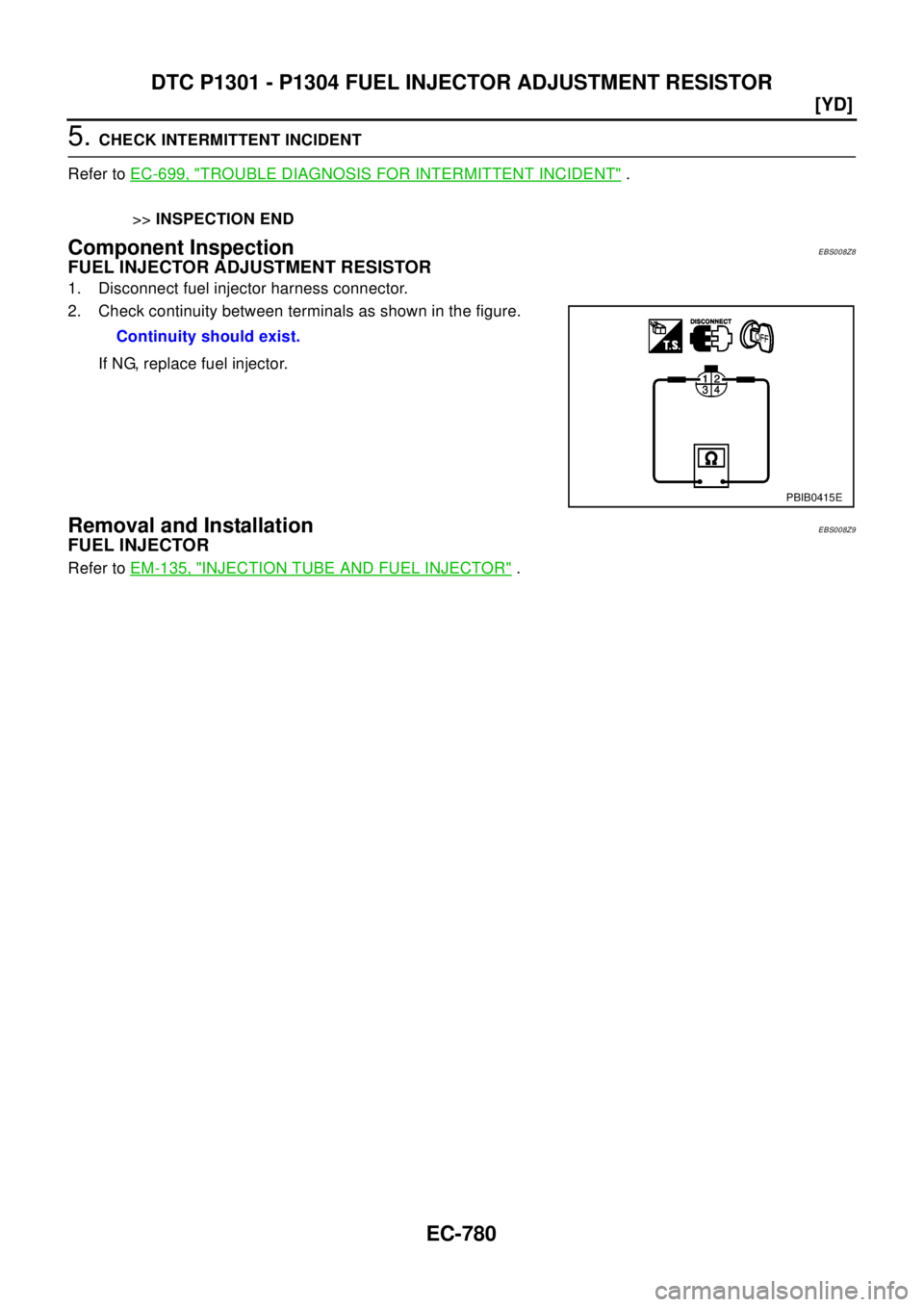 NISSAN X-TRAIL 2003  Electronic Repair Manual EC-780
[YD]
DTC P1301 - P1304 FUEL INJECTOR ADJUSTMENT RESISTOR
5.CHECK INTERMITTENT INCIDENT
Refer toEC-699, "
TROUBLE DIAGNOSIS FOR INTERMITTENT INCIDENT".
>>INSPECTION END
Component InspectionEBS00