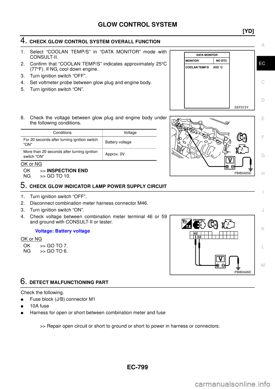 NISSAN X-TRAIL 2003  Electronic Repair Manual GLOW CONTROL SYSTEM
EC-799
[YD]
C
D
E
F
G
H
I
J
K
L
MA
EC
4.CHECK GLOW CONTROL SYSTEM OVERALL FUNCTION
1. Select “COOLAN TEMP/S” in “DATA MONITOR” mode with
CONSULT-II.
2. Confirm that “COOL