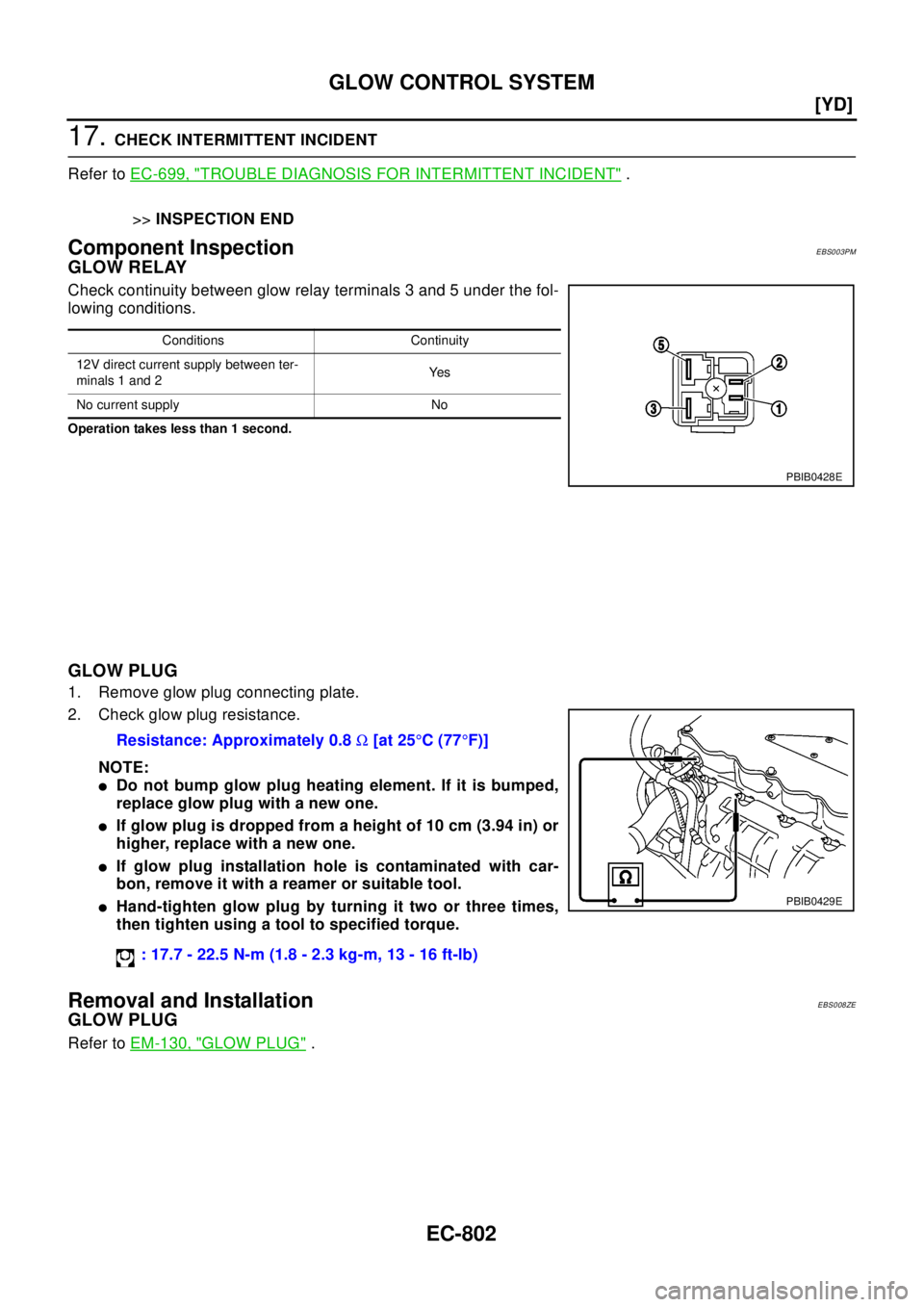 NISSAN X-TRAIL 2003  Electronic Repair Manual EC-802
[YD]
GLOW CONTROL SYSTEM
17.CHECK INTERMITTENT INCIDENT
Refer toEC-699, "
TROUBLE DIAGNOSIS FOR INTERMITTENT INCIDENT".
>>INSPECTION END
Component InspectionEBS003PM
GLOW RELAY
Check continuity