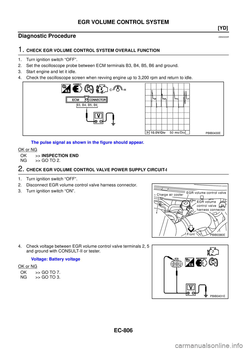 NISSAN X-TRAIL 2003  Electronic Repair Manual EC-806
[YD]
EGR VOLUME CONTROL SYSTEM
Diagnostic Procedure
EBS0035R
1.CHECK EGR VOLUME CONTROL SYSTEM OVERALL FUNCTION
1. Turn ignition switch “OFF”.
2. Set the oscilloscope probe between ECM term
