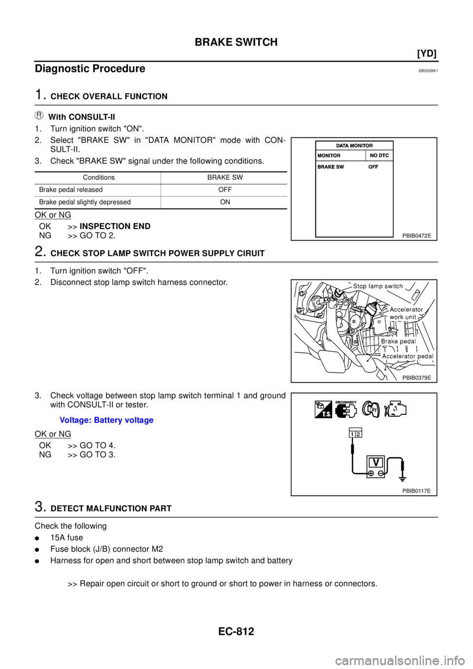NISSAN X-TRAIL 2003  Electronic Repair Manual EC-812
[YD]
BRAKE SWITCH
Diagnostic Procedure
EBS009K1
1.CHECK OVERALL FUNCTION
With CONSULT-II
1. Turn ignition switch "ON".
2. Select "BRAKE SW" in "DATA MONITOR" mode with CON-
SULT-II.
3. Check "B