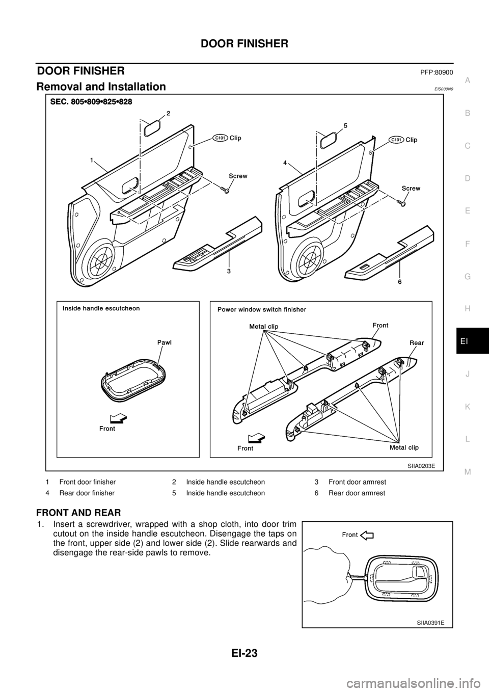 NISSAN X-TRAIL 2003  Electronic Repair Manual DOOR FINISHER
EI-23
C
D
E
F
G
H
J
K
L
MA
B
EI
DOOR FINISHERPFP:80900
Removal and InstallationEIS000N9
FRONT AND REAR
1. Insert a screwdriver, wrapped with a shop cloth, into door trim
cutout on the in