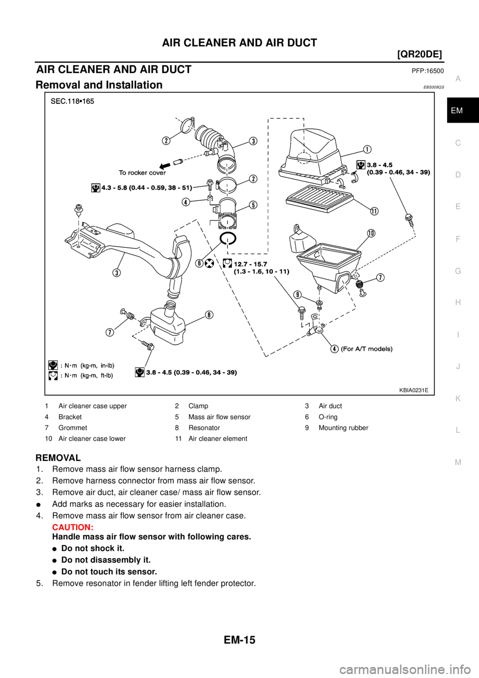 NISSAN X-TRAIL 2003  Electronic Repair Manual AIR CLEANER AND AIR DUCT
EM-15
[QR20DE]
C
D
E
F
G
H
I
J
K
L
MA
EM
AIR CLEANER AND AIR DUCTPFP:16500
Removal and InstallationEBS009QS
REMOVAL
1. Remove mass air flow sensor harness clamp.
2. Remove har