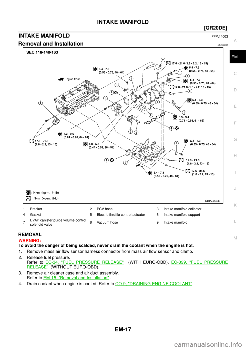 NISSAN X-TRAIL 2003  Electronic Repair Manual INTAKE MANIFOLD
EM-17
[QR20DE]
C
D
E
F
G
H
I
J
K
L
MA
EM
INTAKE MANIFOLDPFP:14003
Removal and InstallationEBS009QT
REMOVAL
WA RN ING:
To avoid the danger of being scalded, never drain the coolant when