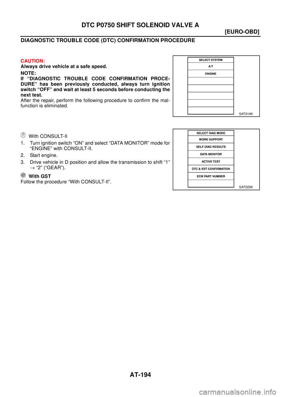 NISSAN X-TRAIL 2003  Electronic Repair Manual AT-194
[EURO-OBD]
DTC P0750 SHIFT SOLENOID VALVE A
DIAGNOSTIC TROUBLE CODE (DTC) CONFIRMATION PROCEDURE
CAUTION:
Always drive vehicle at a safe speed.
NOTE:
If “DIAGNOSTIC TROUBLE CODE CONFIRMATION 