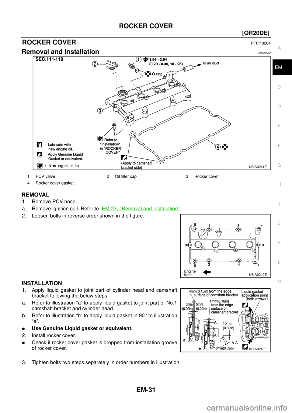 NISSAN X-TRAIL 2003  Electronic Repair Manual ROCKER COVER
EM-31
[QR20DE]
C
D
E
F
G
H
I
J
K
L
MA
EM
ROCKER COVERPFP:13264
Removal and InstallationEBS009QZ
REMOVAL
1. Remove PCV hose.
a. Remove ignition coil. Refer toEM-27, "
Removal and Installat