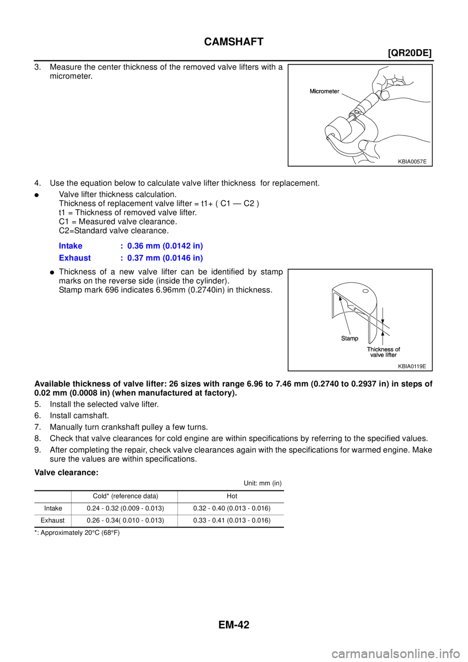 NISSAN X-TRAIL 2003  Electronic Repair Manual EM-42
[QR20DE]
CAMSHAFT
3. Measure the center thickness of the removed valve lifters with a
micrometer.
4. Use the equation below to calculate valve lifter thickness for replacement.
lValve lifter thi