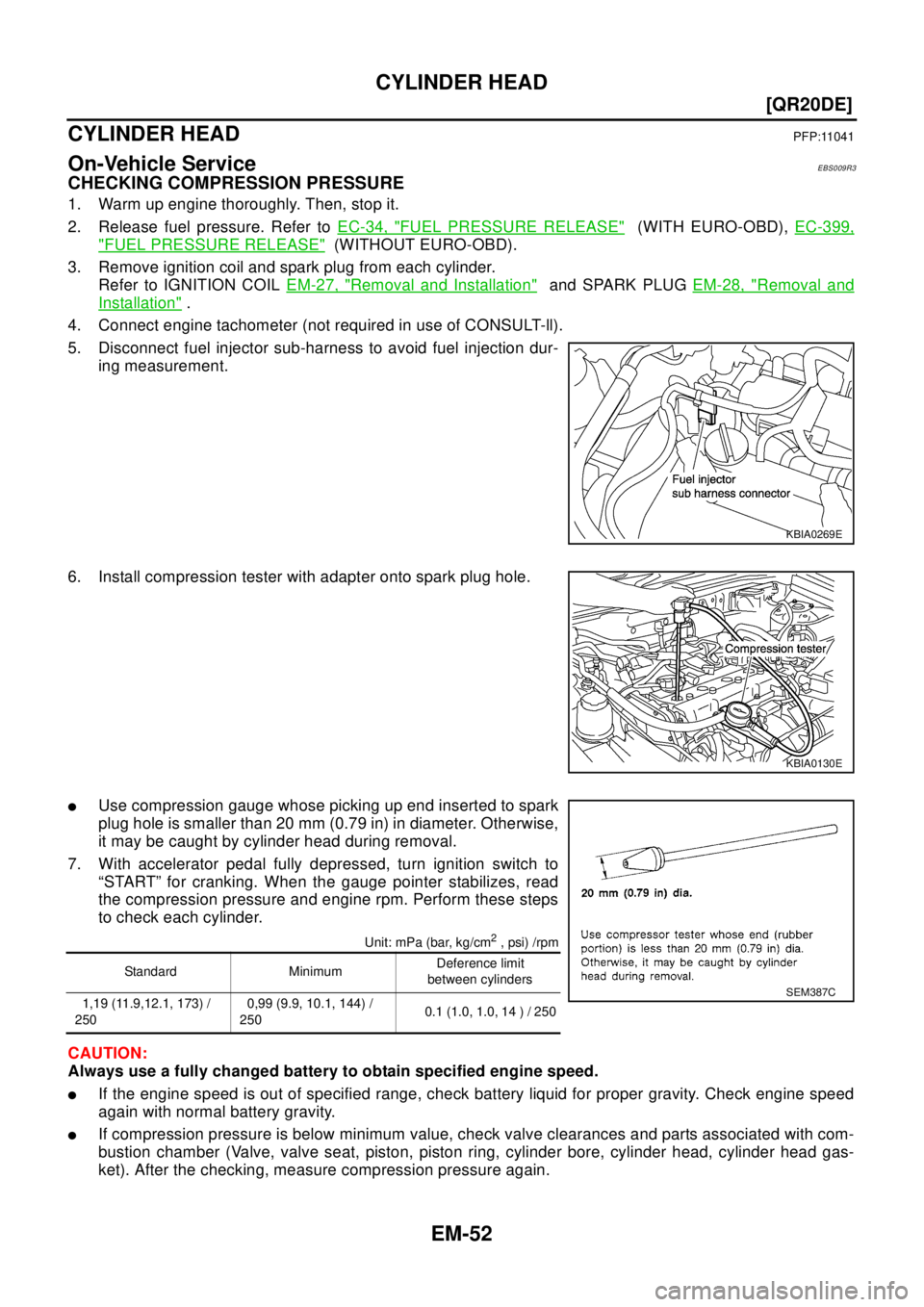 NISSAN X-TRAIL 2003  Electronic Repair Manual EM-52
[QR20DE]
CYLINDER HEAD
CYLINDER HEAD
PFP:11041
On-Vehicle ServiceEBS009R3
CHECKING COMPRESSION PRESSURE
1. Warm up engine thoroughly. Then, stop it.
2. Release fuel pressure. Refer toEC-34, "
FU