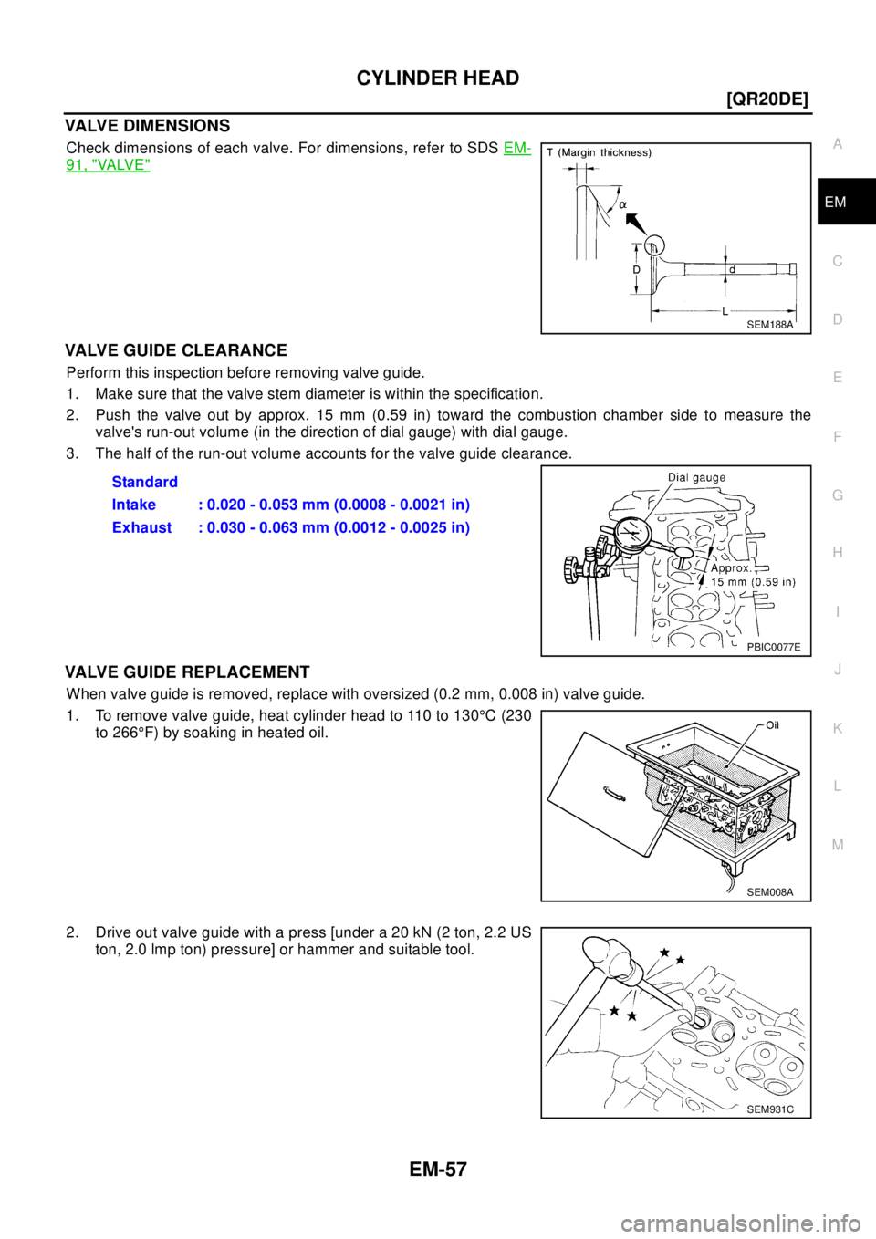 NISSAN X-TRAIL 2003  Electronic Repair Manual CYLINDER HEAD
EM-57
[QR20DE]
C
D
E
F
G
H
I
J
K
L
MA
EM
VA LV E D I M EN S IO N S
Check dimensions of each valve. For dimensions, refer to SDSEM-
91, "VA LV E"
VALVE GUIDE CLEARANCE
Perform this inspec