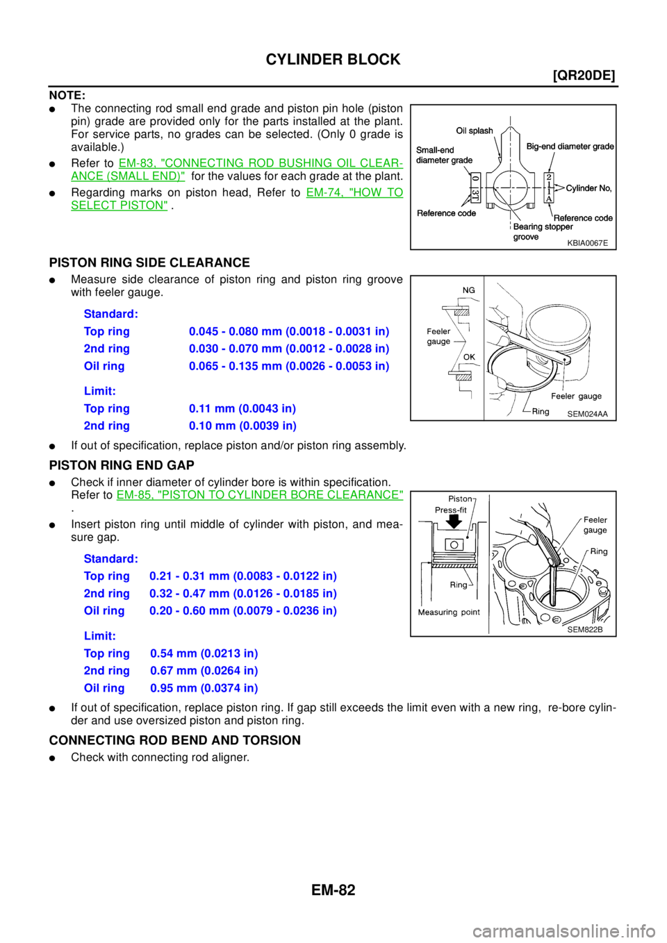 NISSAN X-TRAIL 2003  Electronic Repair Manual EM-82
[QR20DE]
CYLINDER BLOCK
NOTE:
lThe connecting rod small end grade and piston pin hole (piston
pin) grade are provided only for the parts installed at the plant.
For service parts, no grades can 