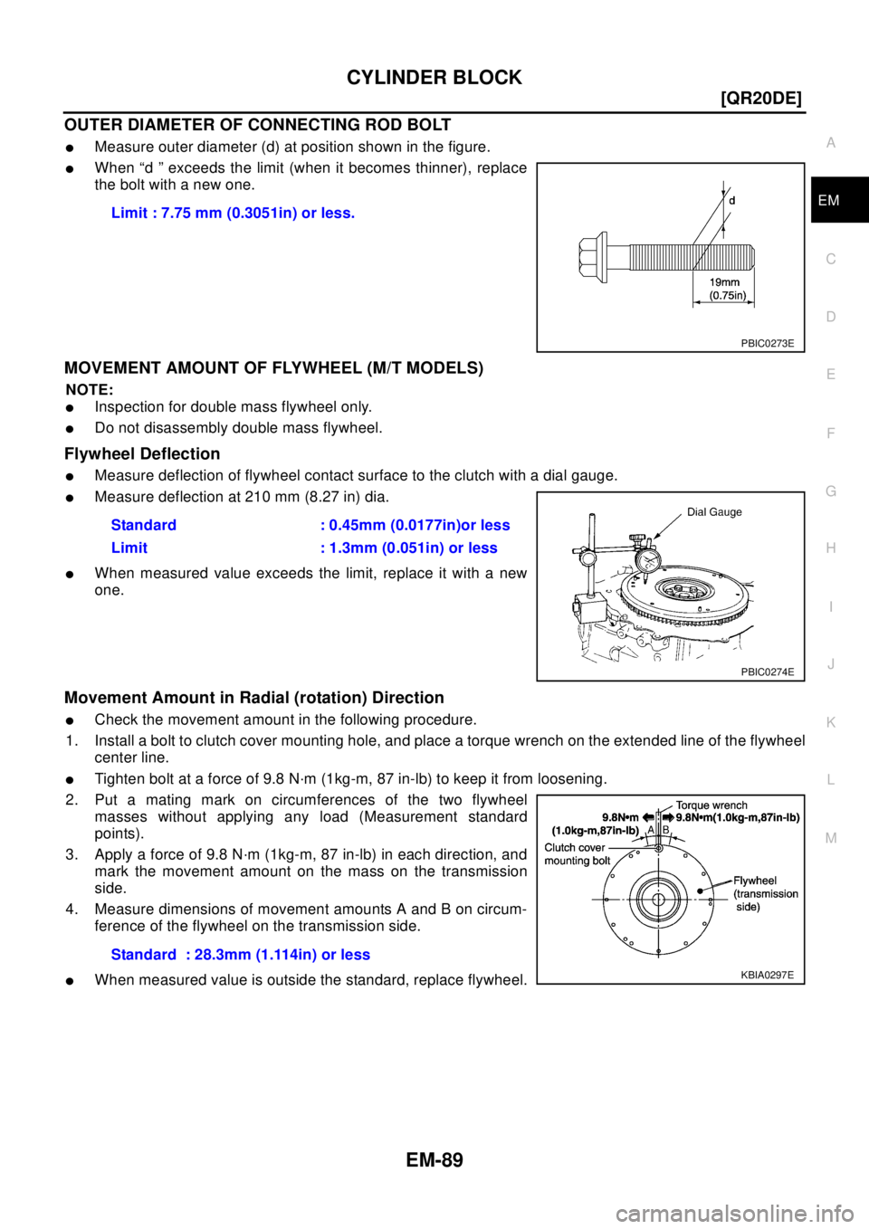 NISSAN X-TRAIL 2003  Electronic Repair Manual CYLINDER BLOCK
EM-89
[QR20DE]
C
D
E
F
G
H
I
J
K
L
MA
EM
OUTER DIAMETER OF CONNECTING ROD BOLT
lMeasure outer diameter (d) at position shown in the figure.
lWhen “d ” exceeds the limit (when it bec