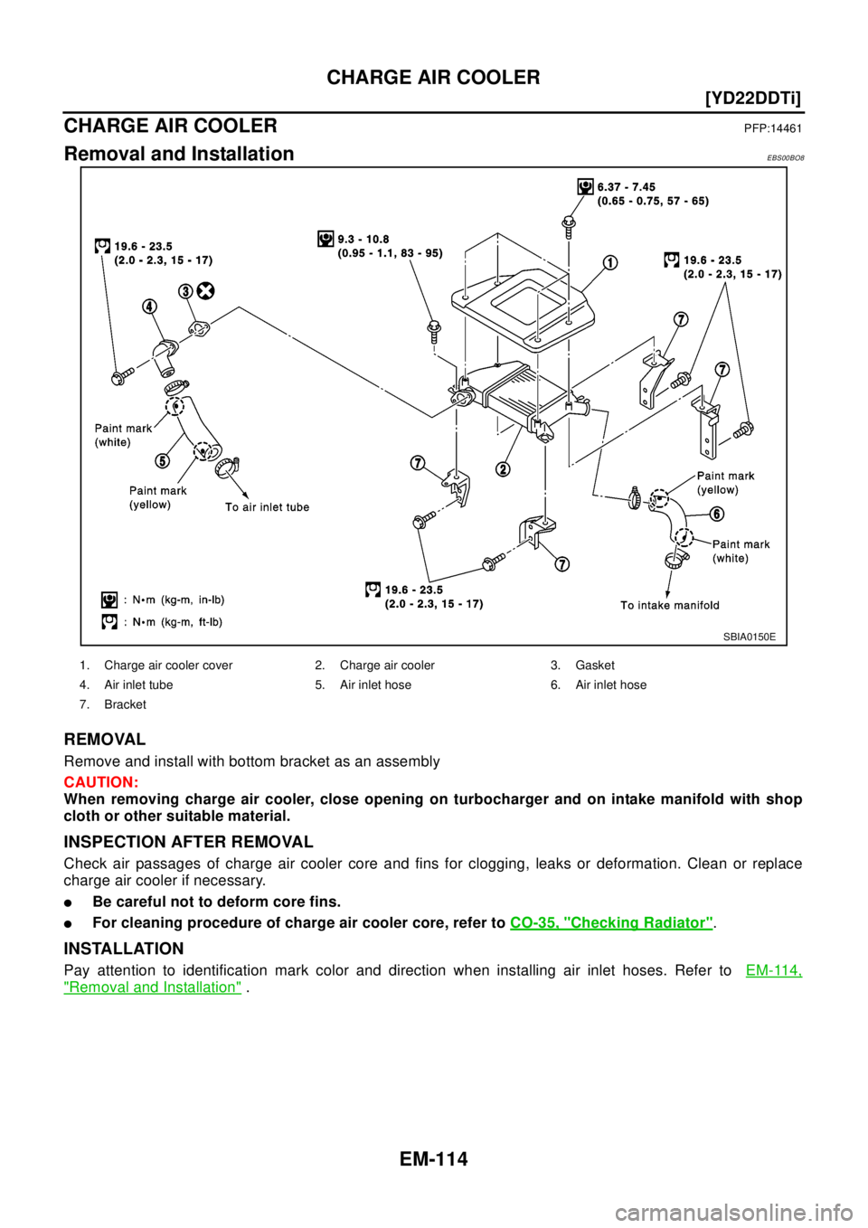 NISSAN X-TRAIL 2003  Electronic Repair Manual EM-114
[YD22DDTi]
CHARGE AIR COOLER
CHARGE AIR COOLER
PFP:14461
Removal and InstallationEBS00BO8
REMOVAL
Remove and install with bottom bracket as an assembly
CAUTION:
When removing charge air cooler,
