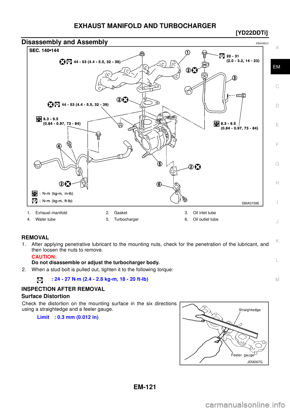 NISSAN X-TRAIL 2003  Electronic Repair Manual EXHAUST MANIFOLD AND TURBOCHARGER
EM-121
[YD22DDTi]
C
D
E
F
G
H
I
J
K
L
MA
EM
Disassembly and AssemblyEBS00BOC
REMOVAL
1. After applying penetrative lubricant to the mounting nuts, check for the penet