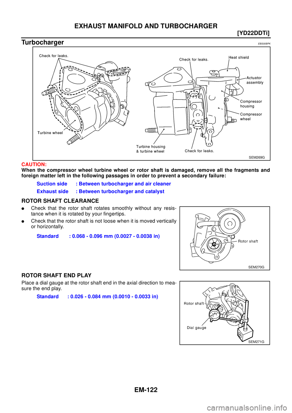NISSAN X-TRAIL 2003  Electronic Repair Manual EM-122
[YD22DDTi]
EXHAUST MANIFOLD AND TURBOCHARGER
Turbocharger
EBS00BPK
CAUTION:
When the compressor wheel turbine wheel or rotor shaft is damaged, remove all the fragments and
foreign matter left i