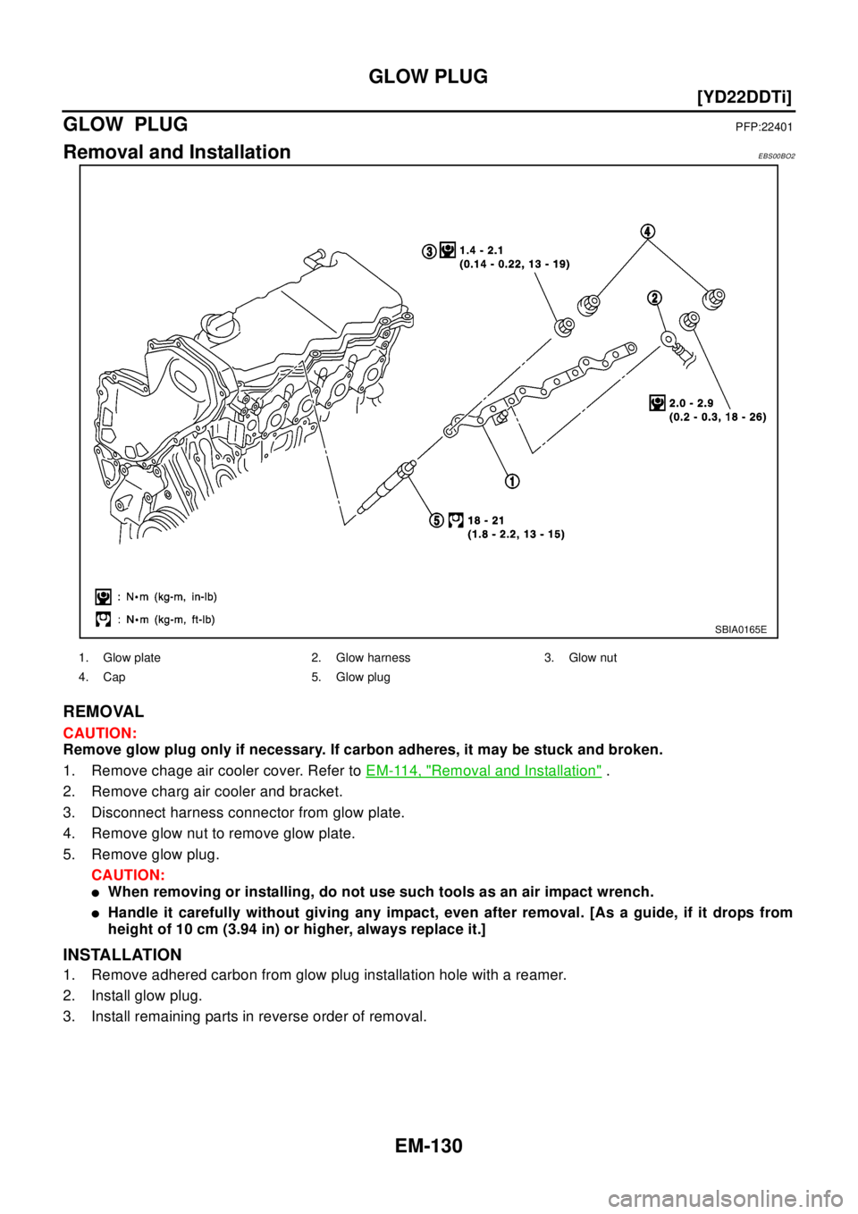 NISSAN X-TRAIL 2003  Electronic Repair Manual EM-130
[YD22DDTi]
GLOW PLUG
GLOW PLUG
PFP:22401
Removal and InstallationEBS00BO2
REMOVAL
CAUTION:
Remove glow plug only if necessary. If carbon adheres, it may be stuck and broken.
1. Remove chage air