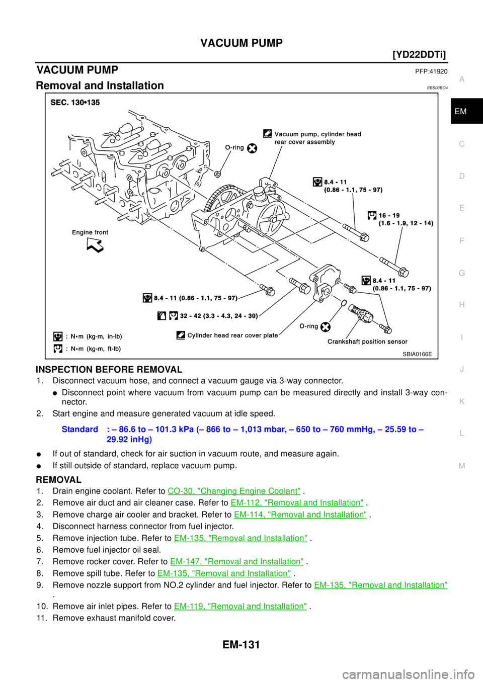 NISSAN X-TRAIL 2003  Electronic Repair Manual VACUUM PUMP
EM-131
[YD22DDTi]
C
D
E
F
G
H
I
J
K
L
MA
EM
VACUUM PUMPPFP:41920
Removal and InstallationEBS00BO4
INSPECTION BEFORE REMOVAL
1. Disconnect vacuum hose, and connect a vacuum gauge via 3-way 