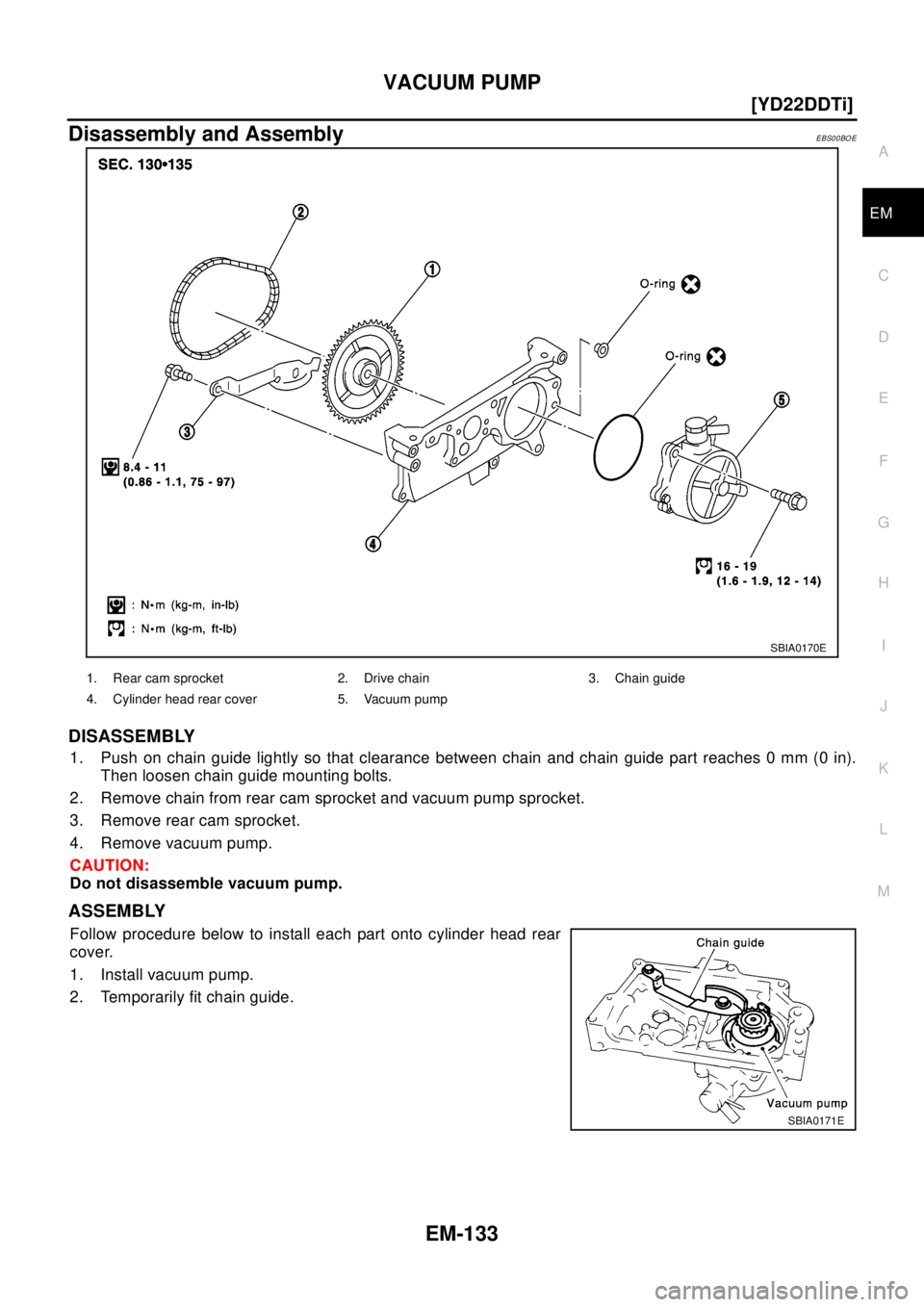 NISSAN X-TRAIL 2003  Electronic Repair Manual VACUUM PUMP
EM-133
[YD22DDTi]
C
D
E
F
G
H
I
J
K
L
MA
EM
Disassembly and AssemblyEBS00BOE
DISASSEMBLY
1. Push on chain guide lightly so that clearance between chain and chain guide part reaches 0 mm (0