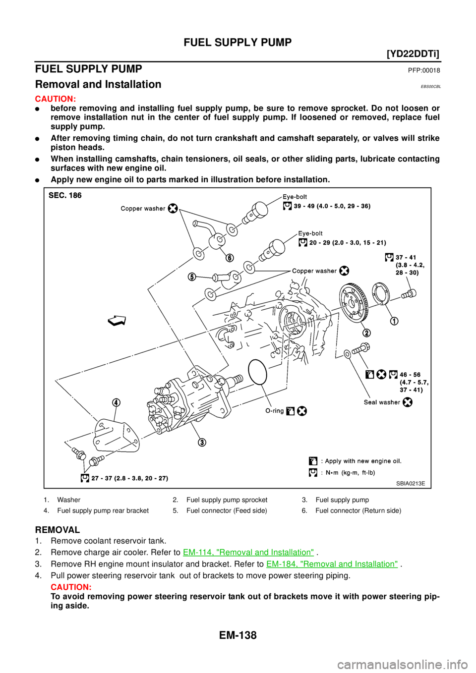 NISSAN X-TRAIL 2003  Electronic Repair Manual EM-138
[YD22DDTi]
FUEL SUPPLY PUMP
FUEL SUPPLY PUMP
PFP:00018
Removal and InstallationEBS00CBL
CAUTION:
lbefore removing and installing fuel supply pump, be sure to remove sprocket. Do not loosen or
r
