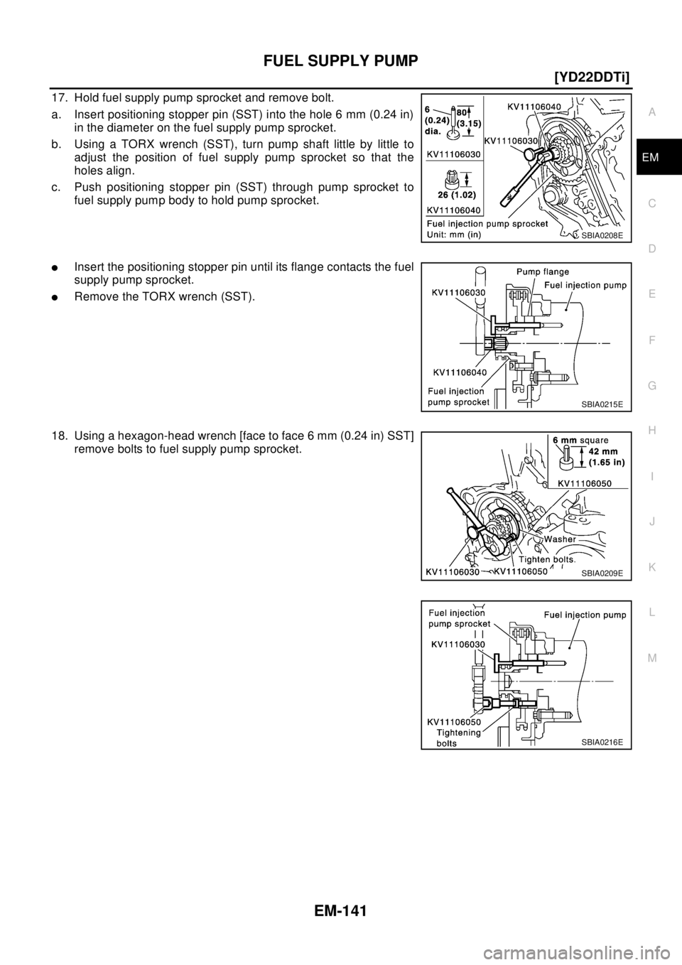NISSAN X-TRAIL 2003  Electronic Repair Manual FUEL SUPPLY PUMP
EM-141
[YD22DDTi]
C
D
E
F
G
H
I
J
K
L
MA
EM
17. Hold fuel supply pump sprocket and remove bolt.
a. Insert positioning stopper pin (SST) into the hole 6 mm (0.24 in)
in the diameter on