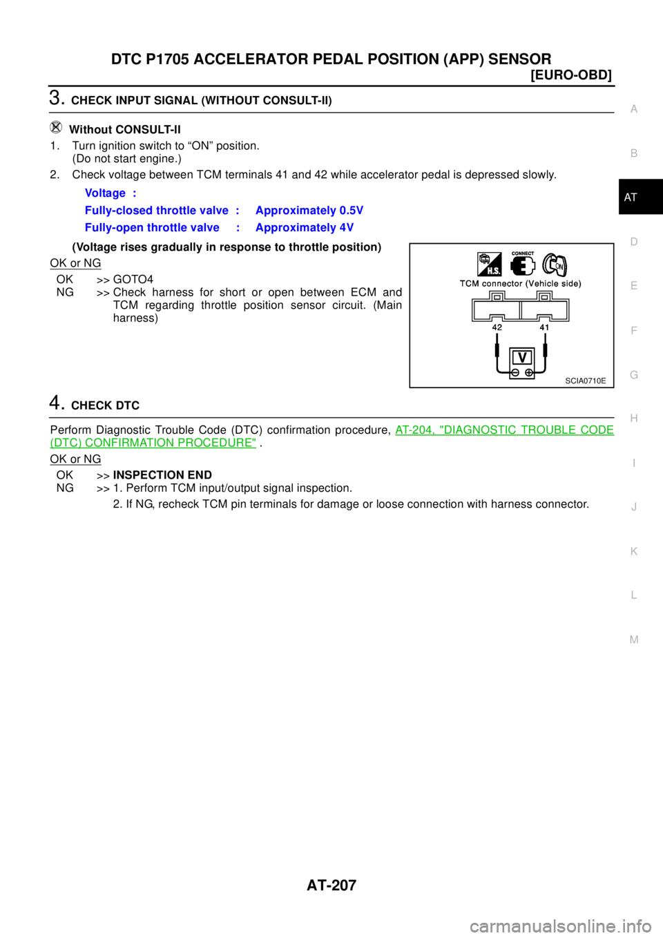 NISSAN X-TRAIL 2003  Electronic Repair Manual DTC P1705 ACCELERATOR PEDAL POSITION (APP) SENSOR
AT-207
[EURO-OBD]
D
E
F
G
H
I
J
K
L
MA
B
AT
3.CHECK INPUT SIGNAL (WITHOUT CONSULT-II)
Wi th ou t C O N S U LT-I I
1. Turn ignition switch to “ON” 