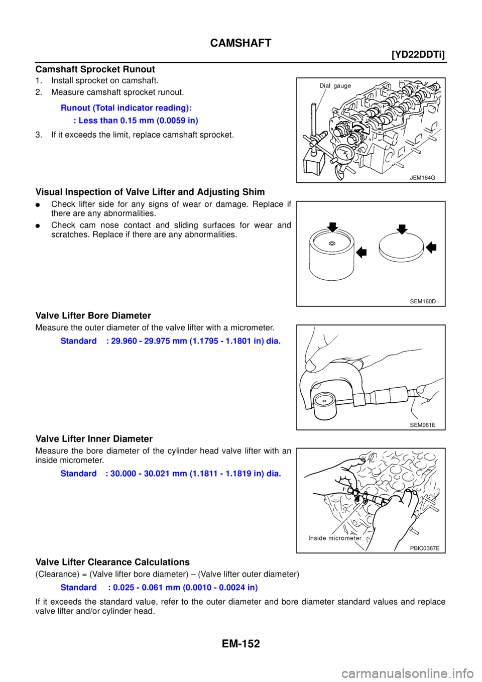 NISSAN X-TRAIL 2003  Electronic Repair Manual EM-152
[YD22DDTi]
CAMSHAFT
Camshaft Sprocket Runout
1. Install sprocket on camshaft.
2. Measure camshaft sprocket runout.
3. If it exceeds the limit, replace camshaft sprocket.
Visual Inspection of Va