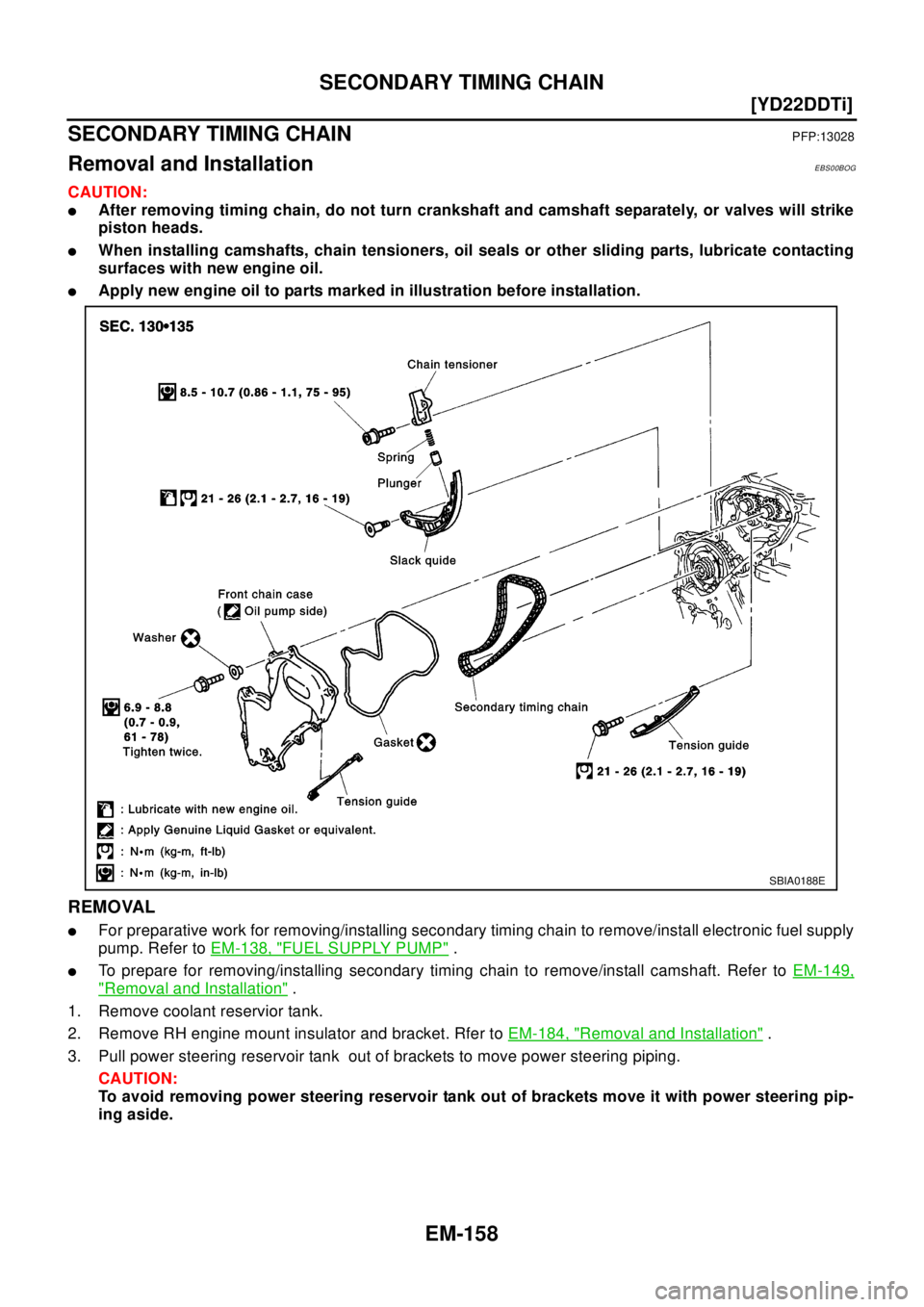 NISSAN X-TRAIL 2003  Electronic Repair Manual EM-158
[YD22DDTi]
SECONDARY TIMING CHAIN
SECONDARY TIMING CHAIN
PFP:13028
Removal and InstallationEBS00BOG
CAUTION:
lAfter removing timing chain, do not turn crankshaft and camshaft separately, or val