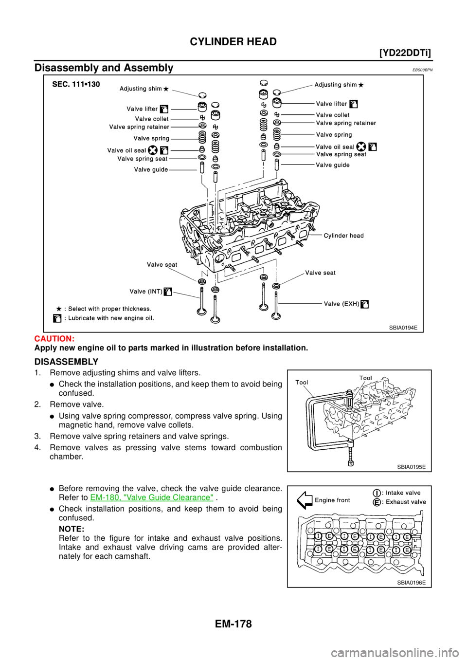 NISSAN X-TRAIL 2003  Electronic Repair Manual EM-178
[YD22DDTi]
CYLINDER HEAD
Disassembly and Assembly
EBS00BPN
CAUTION:
Apply new engine oil to parts marked in illustration before installation.
DISASSEMBLY
1. Remove adjusting shims and valve lif
