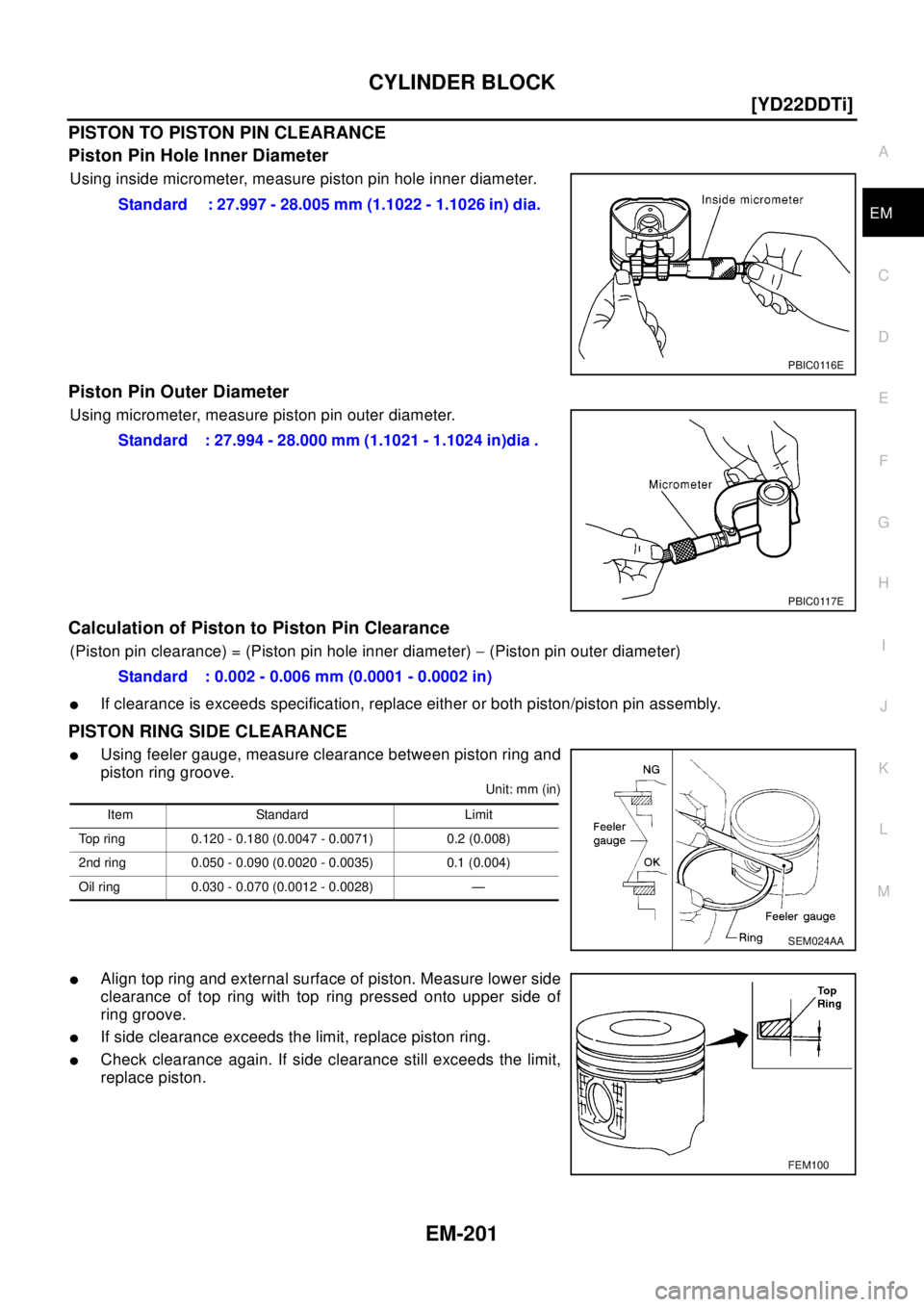 NISSAN X-TRAIL 2003  Electronic Repair Manual CYLINDER BLOCK
EM-201
[YD22DDTi]
C
D
E
F
G
H
I
J
K
L
MA
EM
PISTON TO PISTON PIN CLEARANCE
Piston Pin Hole Inner Diameter
Using inside micrometer, measure piston pin hole inner diameter.
Piston Pin Out